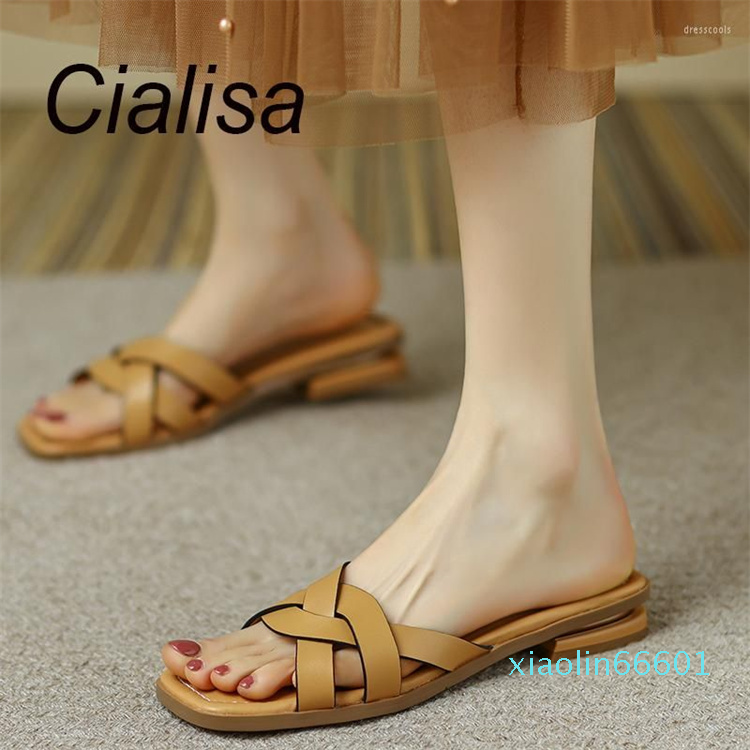 

Slippers Cialisa Flats Slipper Summer 2023 Open-Toed Ladies Shoes Genuine Leather Comfortable Handmade Women Black Size 40
