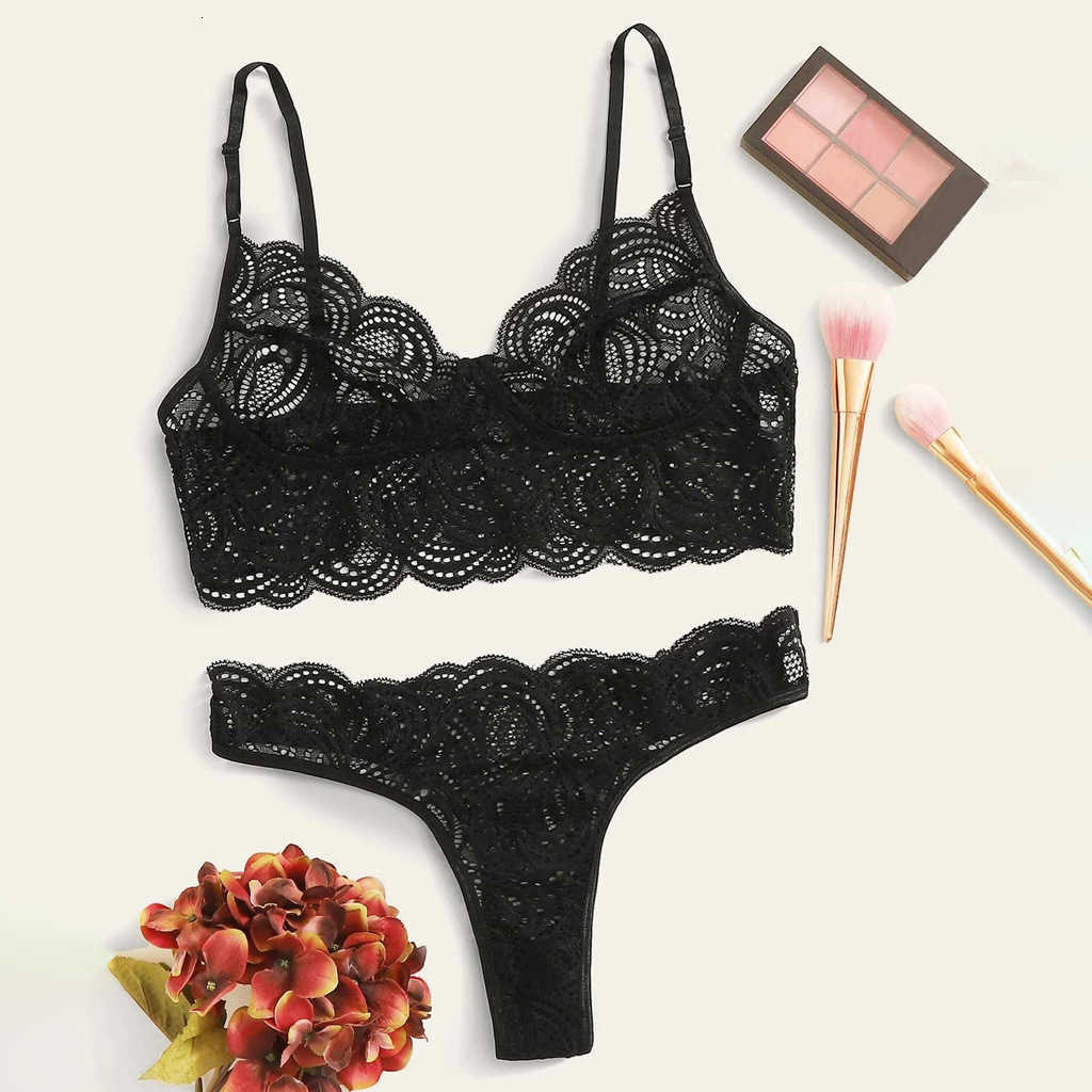 

Women's Bra 2023 Lace and Thongs Underwear Lingerie Sexy Panty Set Floral Embroidery Brief Sets, Black