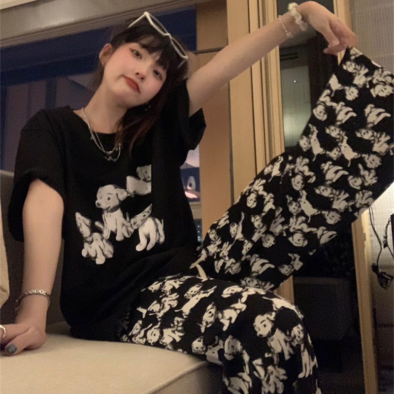 

Women's Sleepwear Cartoon Dog Print Summer TShirts Trousers Suit Two Piece Pajamas Set Vintage Y2K Casual Streetwear Home Cotton 230508, White top
