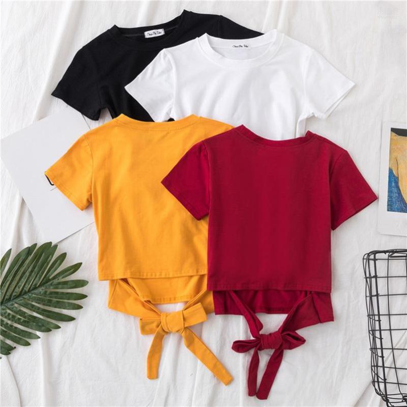 

Women' T Shirts Summer Solid Color Shirt Women T-shirt Tops Round Neck Short Sleeve Bow Sash Ladies Korean Clothing Sexy Mini
