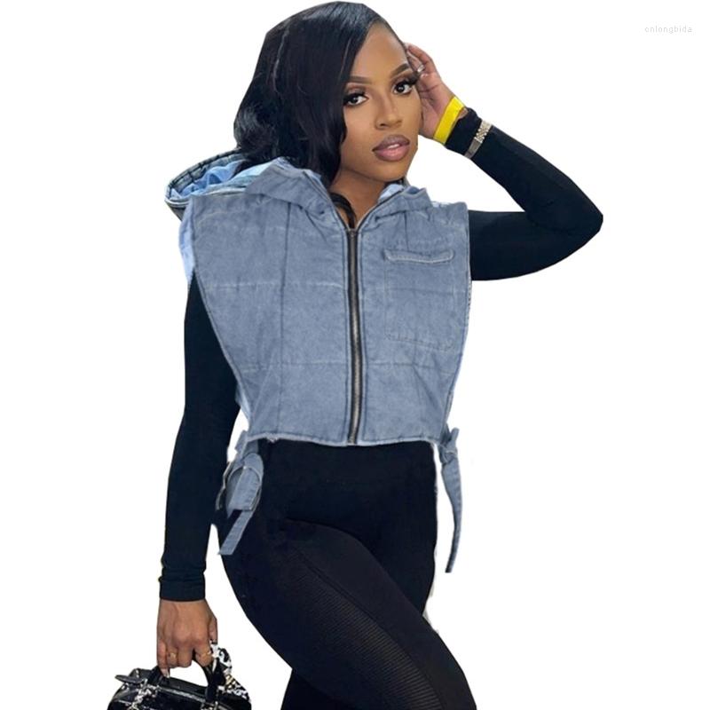 

Women' Vests Womens Harajuku Denim Puffer Vest Sleeveless Zipper Up Hoodie Jackets Coat Outerwear Side Bandage Padded Gilet Waistcoa, Light blue