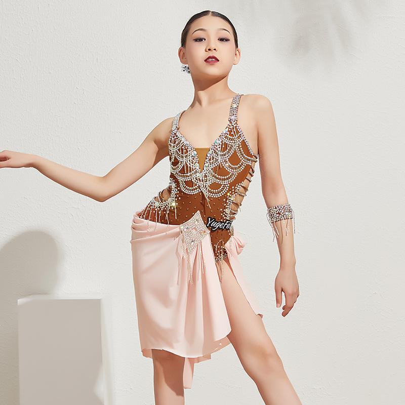 

Stage Wear Latin Dance Dress Girls Customized Competition Clothes Professional Diamond Backless Dresses Cha Rumba Samba DNV13359, Picture shown