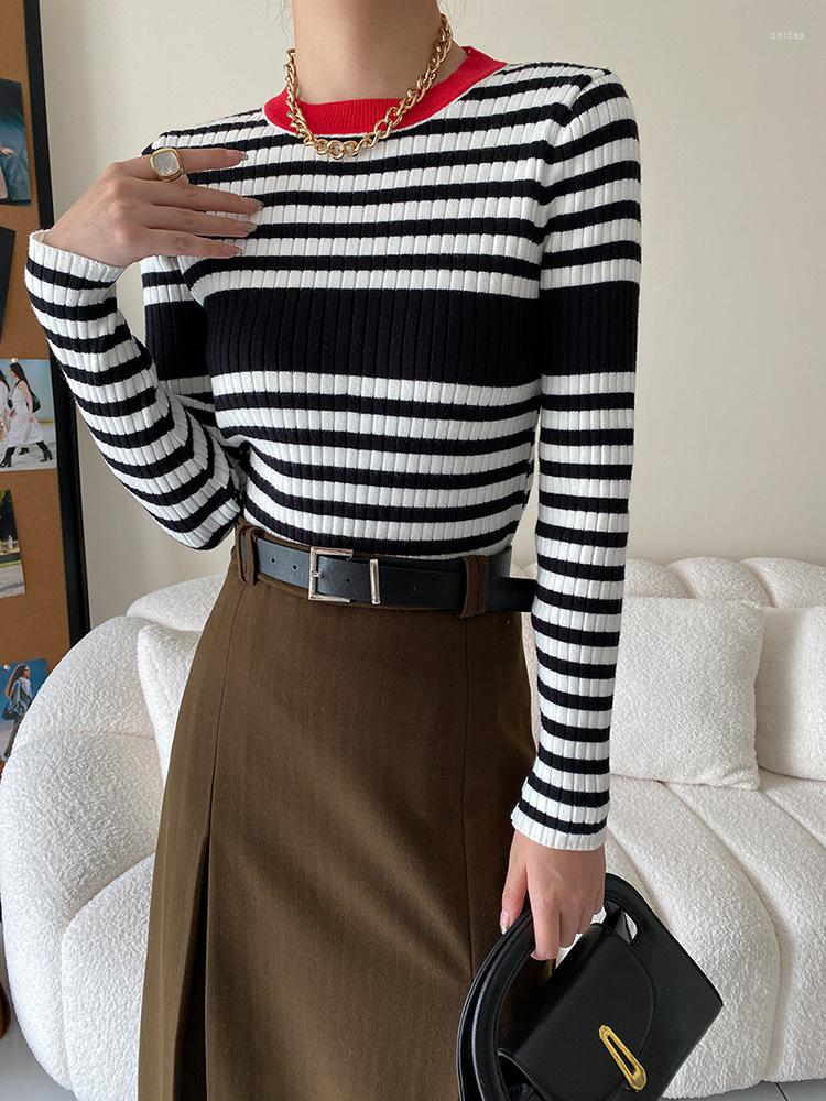 

Women's Sweaters Striped High Elastic Knitting Sweater Loose Round Neck Long Sleeve Women Pullovers Fashion Autumn Winter 2023 C542, Red collar