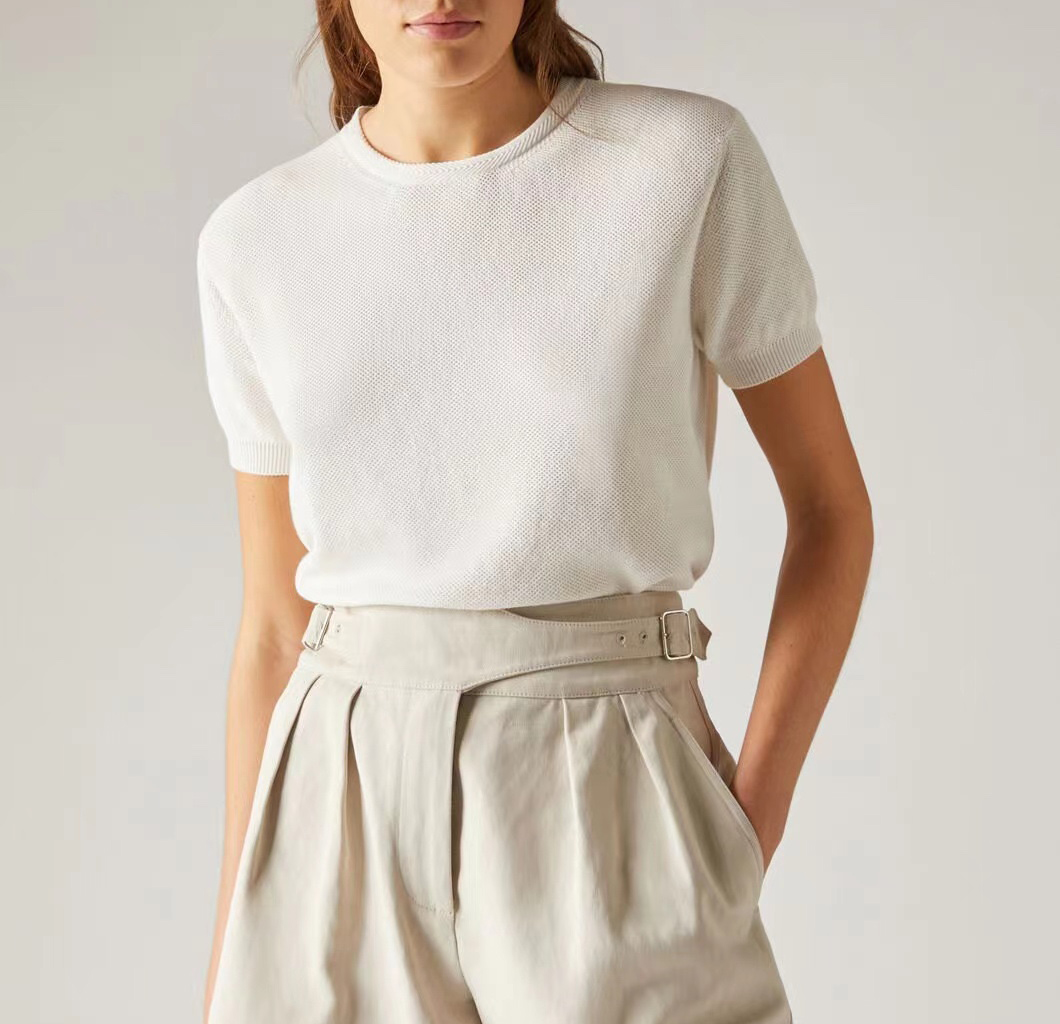 

High grade plain knitted short sleeved blouse, Ivory