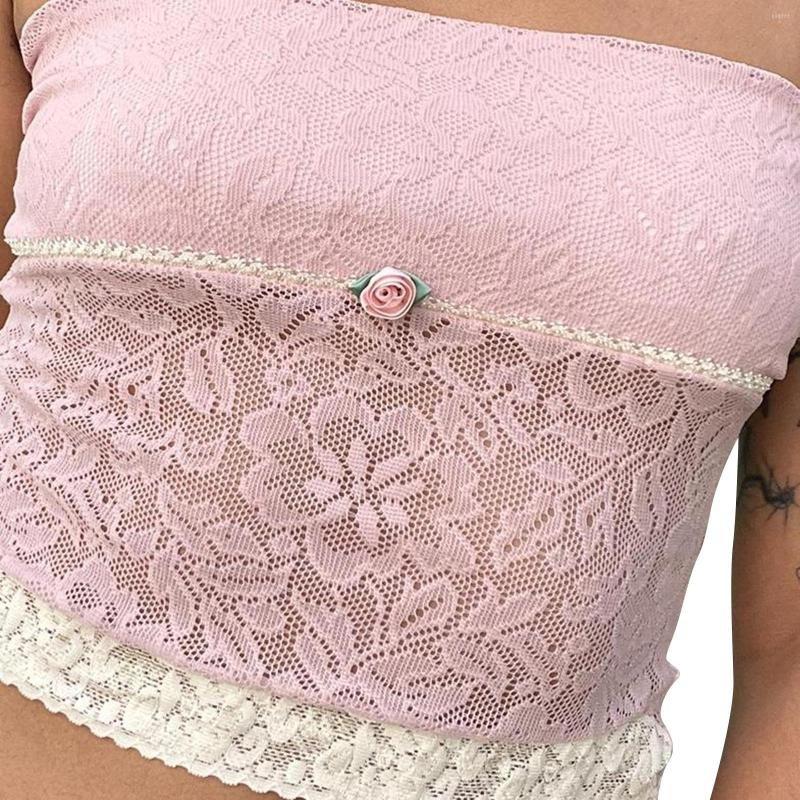 

Women' Tanks Women Kawaii Lace Frill Trim Strapless Tube Tops Sleeveless Off Shoulder Crop Bandeau Camisole Y2K Vintage Streetwear, Beige