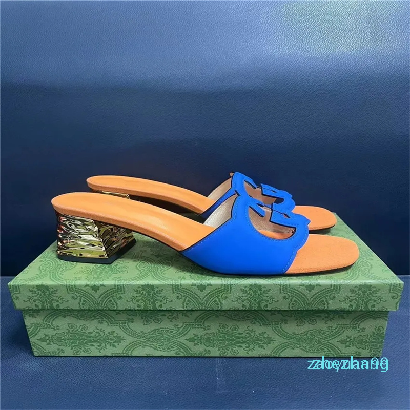 

2023-Leather Mid Heel Ladies Sandals Slippers Designer Fashion Ladies Flats Ankle Buckle Rubber Sole Mules Summer Beach Sexy Wedding Shoes 34-42