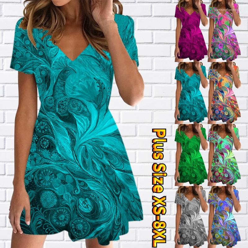 

Casual Dresses Women's Vintage Elegant Dress Summer Regular Loose Knee-length V-neck Skirt Design Printed Short Sleeve Party, 22175purple