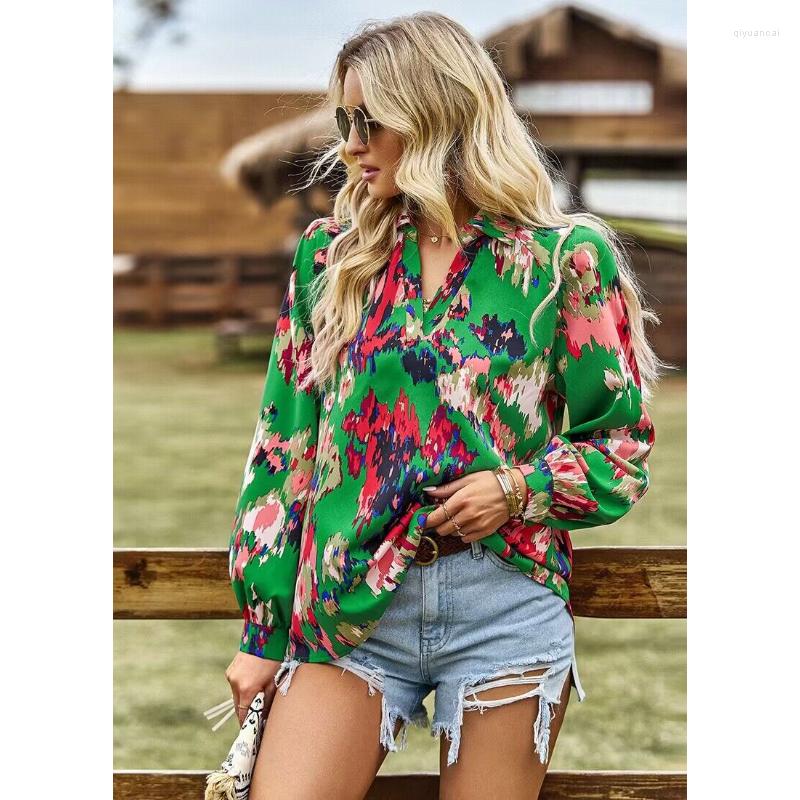 

Women' Blouses Fashion Colored Print V-Neck Loose Style Long Sleeve Blouse Shirt Women Spring And Summer, Green