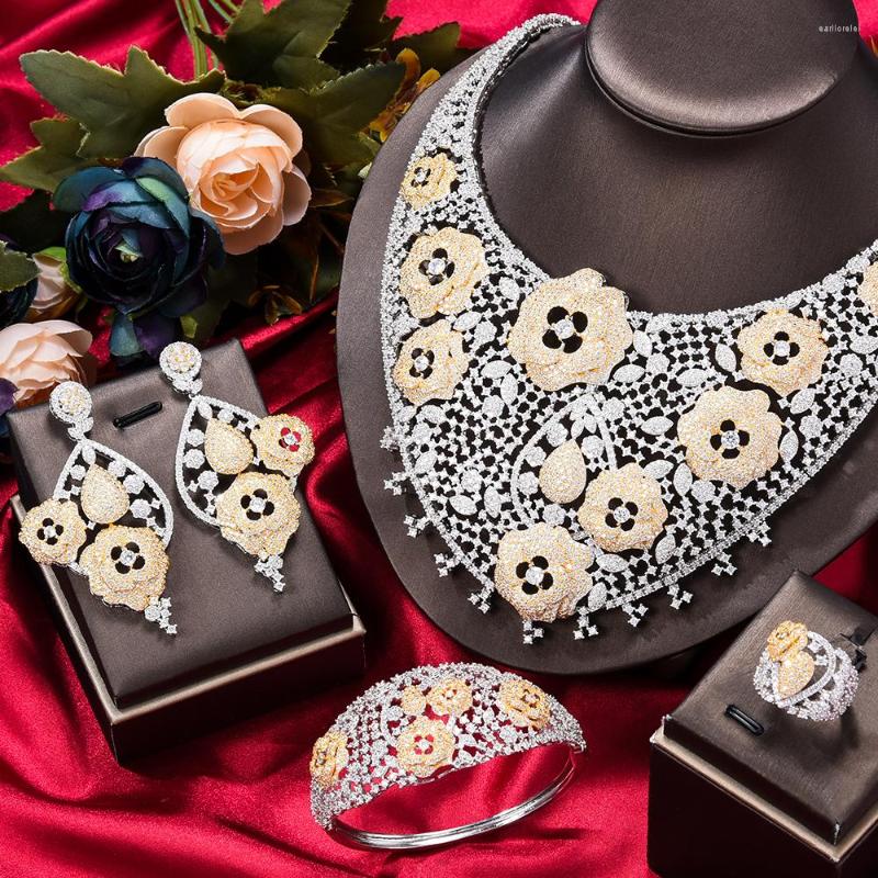 

Necklace Earrings Set Kellybola Super Big Luxury 4PCS Flowers Full Cubic Zirconia For Women Wedding Dubai Bridal, Picture shown