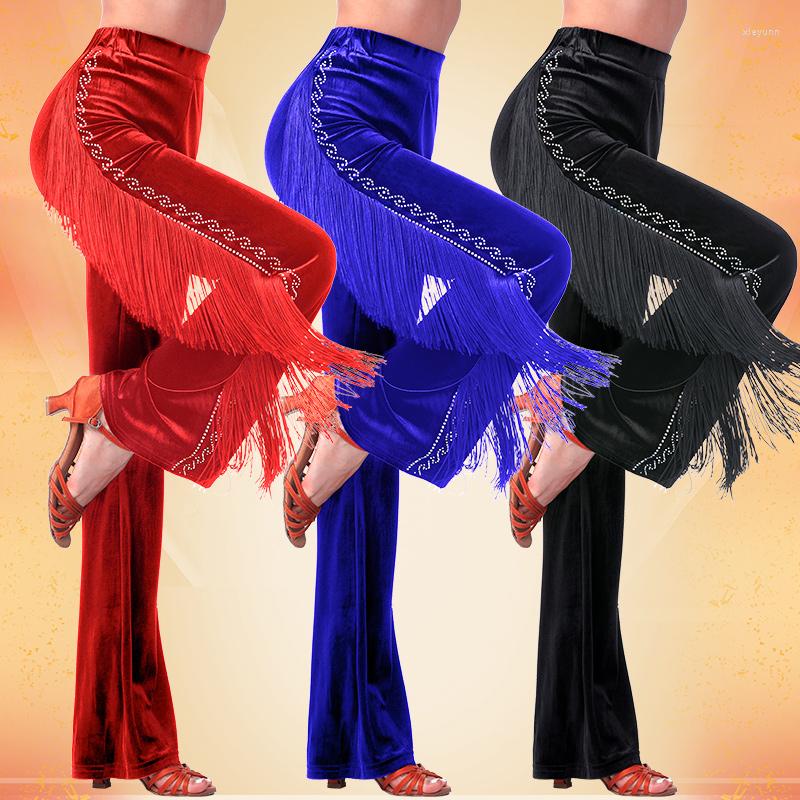 

Stage Wear Fringe Pants Latin Dance Women Practice Clothes Cha Samba Tango With Tassels Velvet Trousers Rhinestone Pant, Black