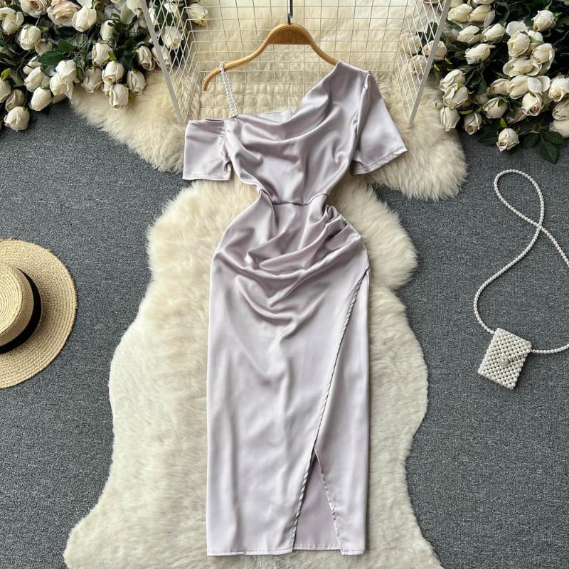 

Party Dresses Silk Satin Oblique Shoulder Strap Dress Split Waist French, Lavender