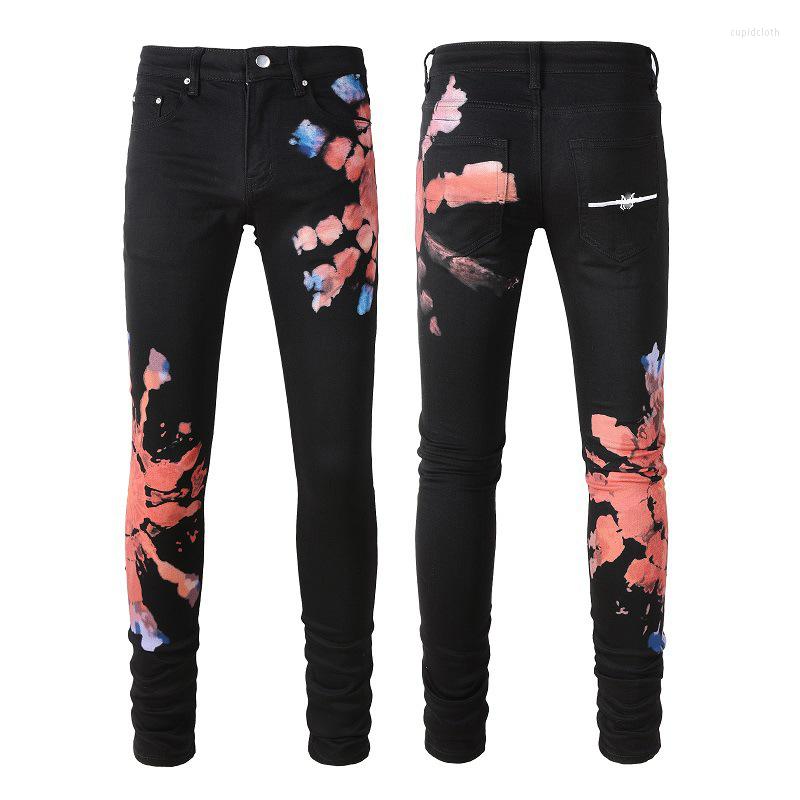 

Men's Jeans Brand Mens High Street Graffiti Pattern Paint Printing Elastic Slim Fit Denim Trousers Fashion Stretch Skinny, Black al-160