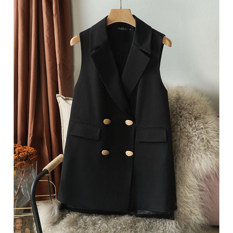 

Leather Office Lady Long Casual Vest Women Classic Double Breasted Loose Black Waistcoat Woman Elegant Sleeveless Outerwear Chic E26, Beige