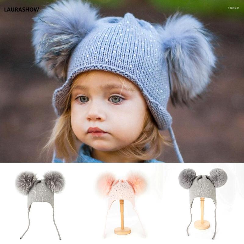 

Berets LAURASHOW Kids Spring Knit Hat With Raccoon Fur Ball Pompoms Children Cap Baby Beanies, 13cm natural pom
