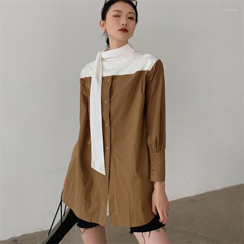 

Women' Blouses Spring Women Shirt Scarf Collar Korean Zipper Spliced Long Sleeve Blouse Female Fashion Casual Chic Oversize Streetwear