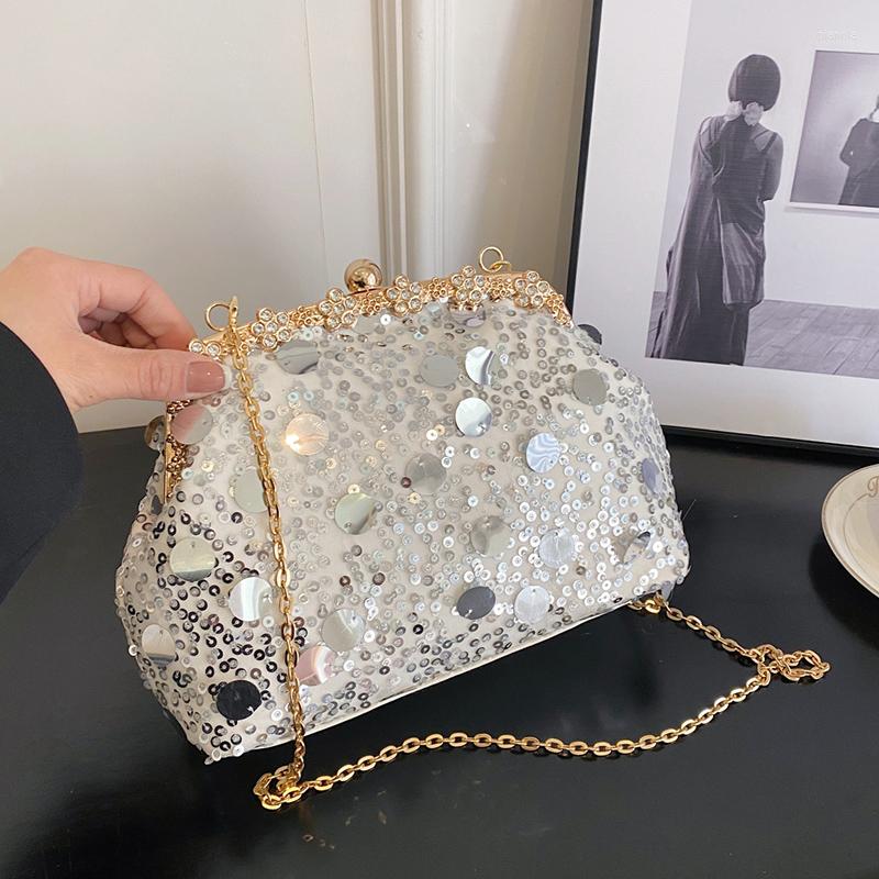 

Evening Bags INS Designer Women Sequin Clip Shell Chain Shoulder Wedding Party Clutch Purses And Handbags Glitter Crystal Messenger, Black