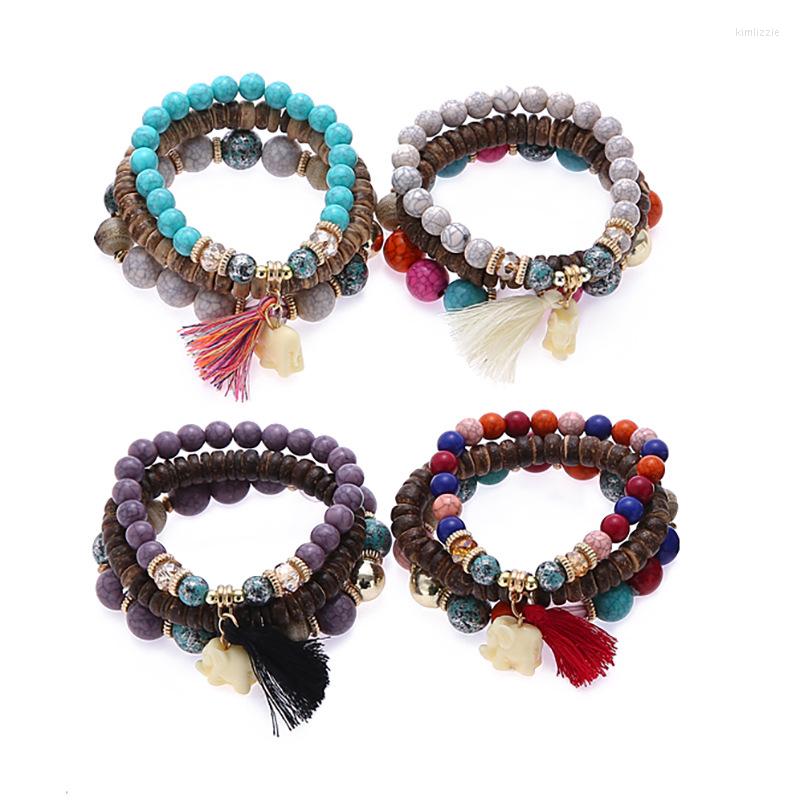 

Link Bracelets Vintage Boho Style Beads Women Small Elephant Tassel Charm Jewelry Bracelet Multilayer Crystal Bead