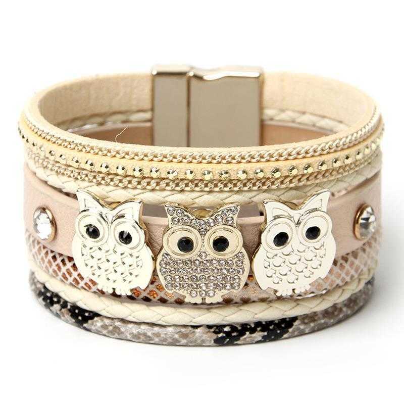 

Fashion Diamond Magnetic Snap Bracelet Creative Owl Decorative Bohemian Womens Leather