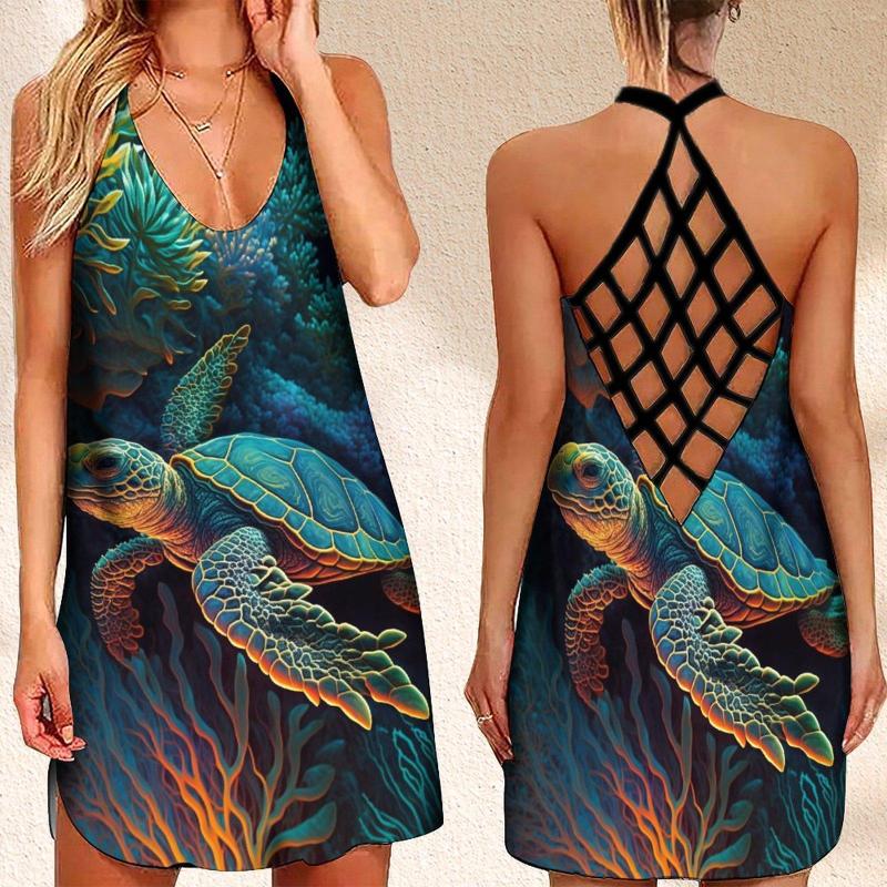 

Casual Dresses Summer Women's Criss Cross Backless Sleeveless Dress Sexy For Women Leaf Turtle Print Female, Blue