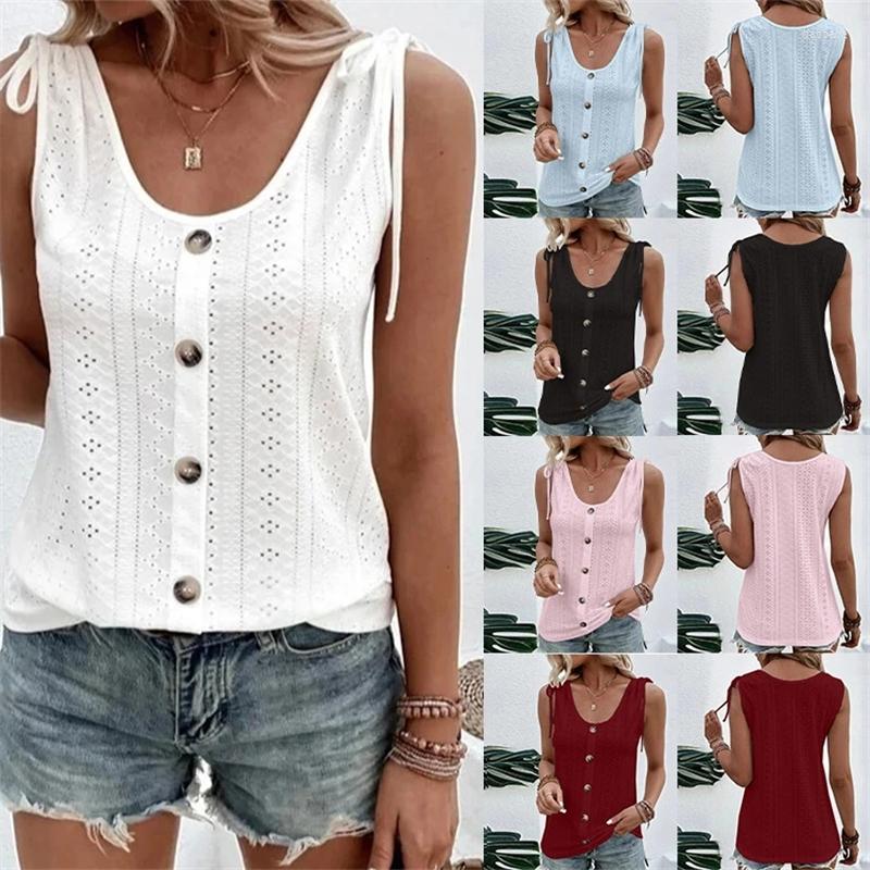 

Women' Tanks Summer Tank Women' Sexy Casual Street Solid Color U Collar Vest Buttons Elegant Lace Up Harajuku Pullover Sleeveless, White