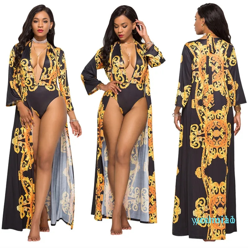 

2023-Sexy Printing Long Sleeve Cover up women  designer bathing suit Two Piece Set One Piece v neck Swimsuit sexy