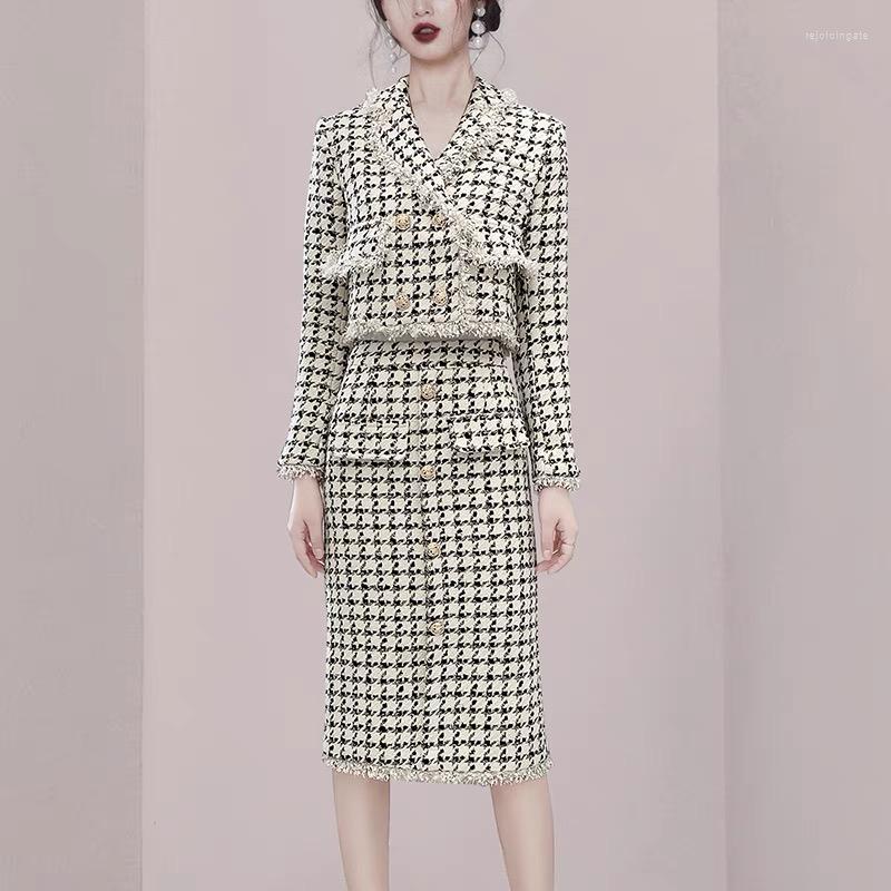 

Two Piece Dress Autumn Winter Women' Blazer Suits Houndstooth Small Fragrance Tweed Short And Pencil Mid Skirts Set Skirt Suit, Black