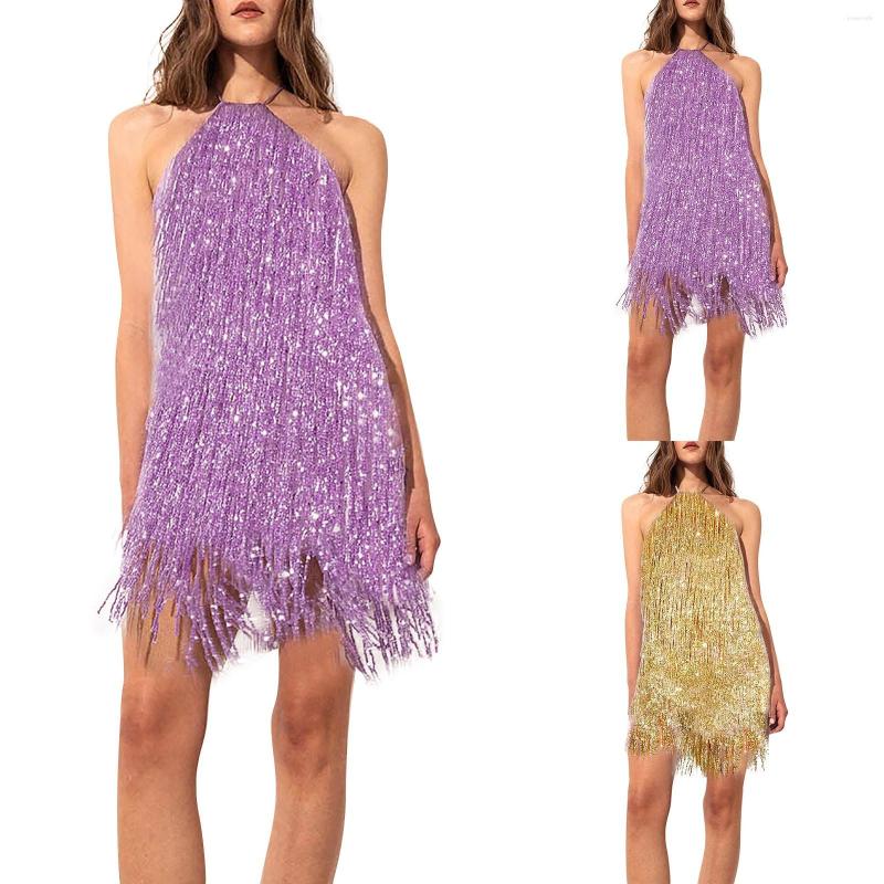 

Casual Dresses Women' Fashion Sexy Sleeveless Halter Tassel Sparkling Party Cocktail Evening Midi Dress, Gold