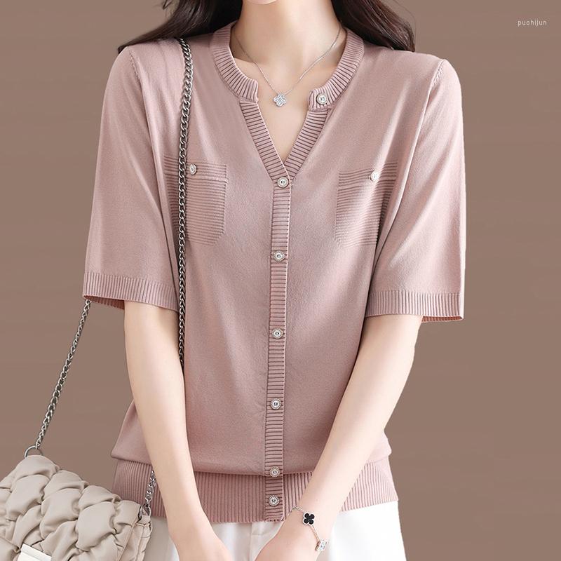 

Women's T Shirts V Neck Shirt For Women Button Short Sleeve Top Casual Womens Clothing Knitted Ladies 2023 Summer White Poleras Mujer, Black