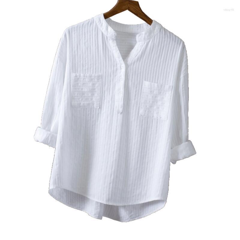 

Women's Blouses 2023 Spring Summer Women White Shirts V-Neck Long Sleeve Cotton Casual Tops LY321
