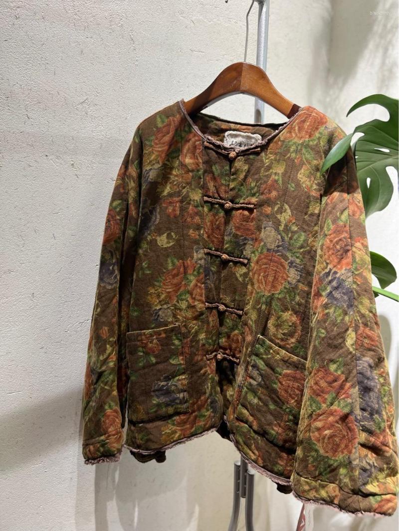 

Women's Trench Coats Linen Printed Single Breasted Short Cardigan Cotton-padded Jacket Winter Women Chinese Vintage Floral Print Loose, Green flower