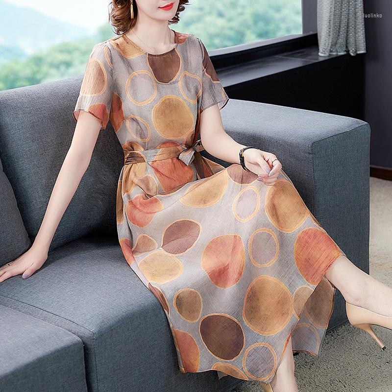

Party Dresses 2023 Summer Yellow Short Sleeve Large Dot Print Dress Loose Size Medium Length Waist Strap Silk Slim, As shown