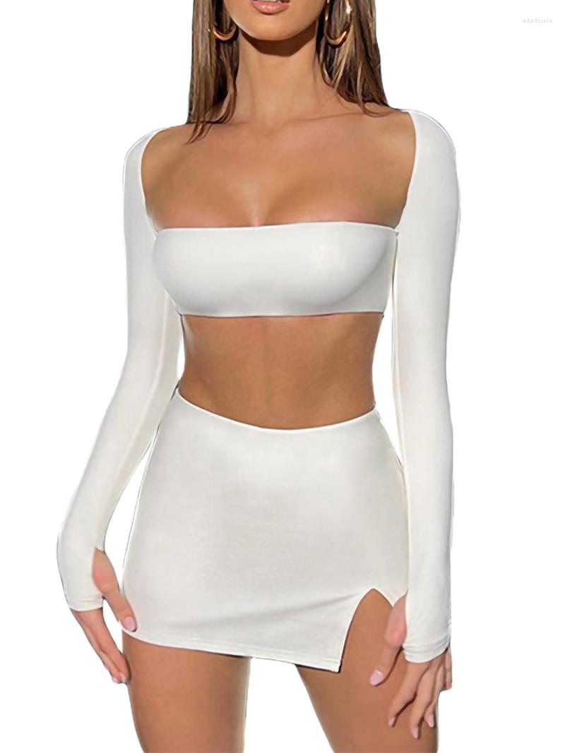 

Work Dresses Women Two Piece Skirt Set Long Sleeve Bandage Backless Crop Tube Top Bodycon Split A- Line Mini Streetwear, 1 black