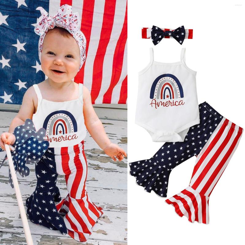 

Clothing Sets Infant Girls Sleeveless Independence Day 4 Of July Ribbed Letter Printed Romper Bodysuits Bell Bottoms Pants Headbands Outfits, White
