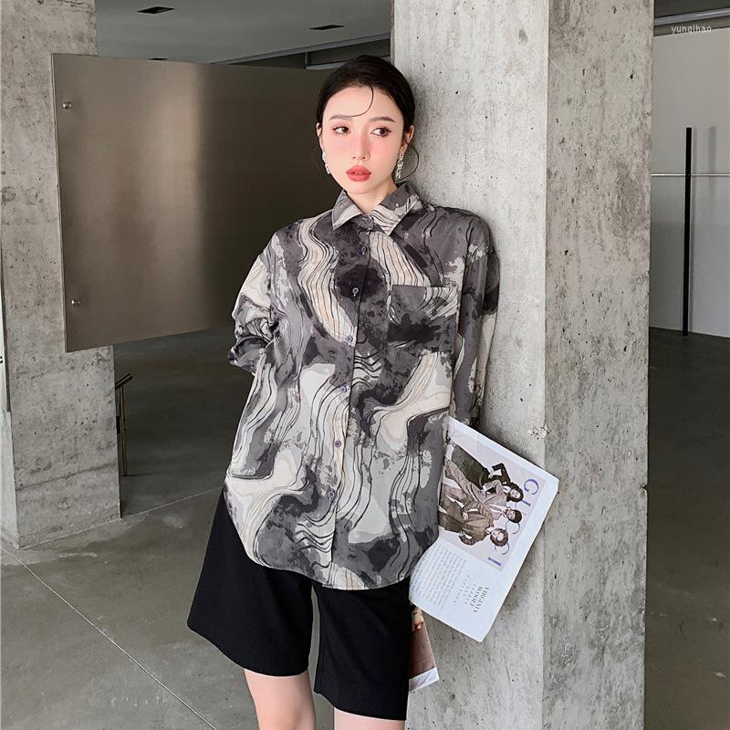 

Women' Blouses 2023 Spring Shirt Woman Vintage Print Streetwear Long Sleeve Leisure Chic Blouse Straight Single Breasted Lapel Female Tops