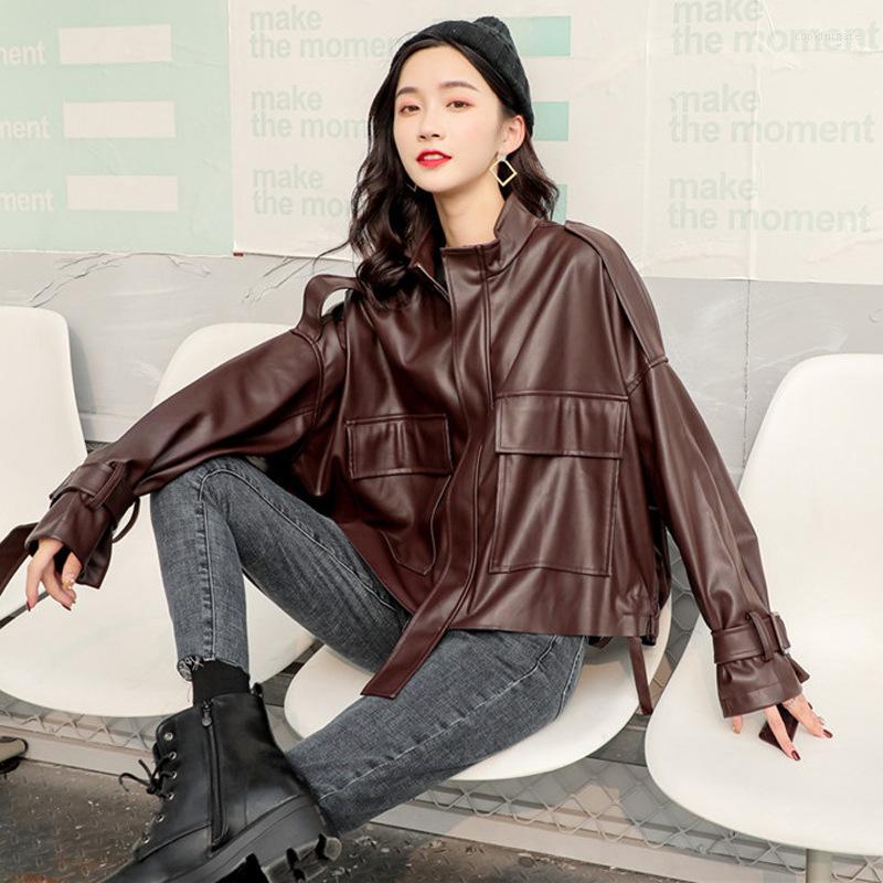 

Women' Leather 2023 Spring Women' Jacket Brown Short Faux Coat Fashion Vintage Casual Turn Down Collar Bomber Streetwear