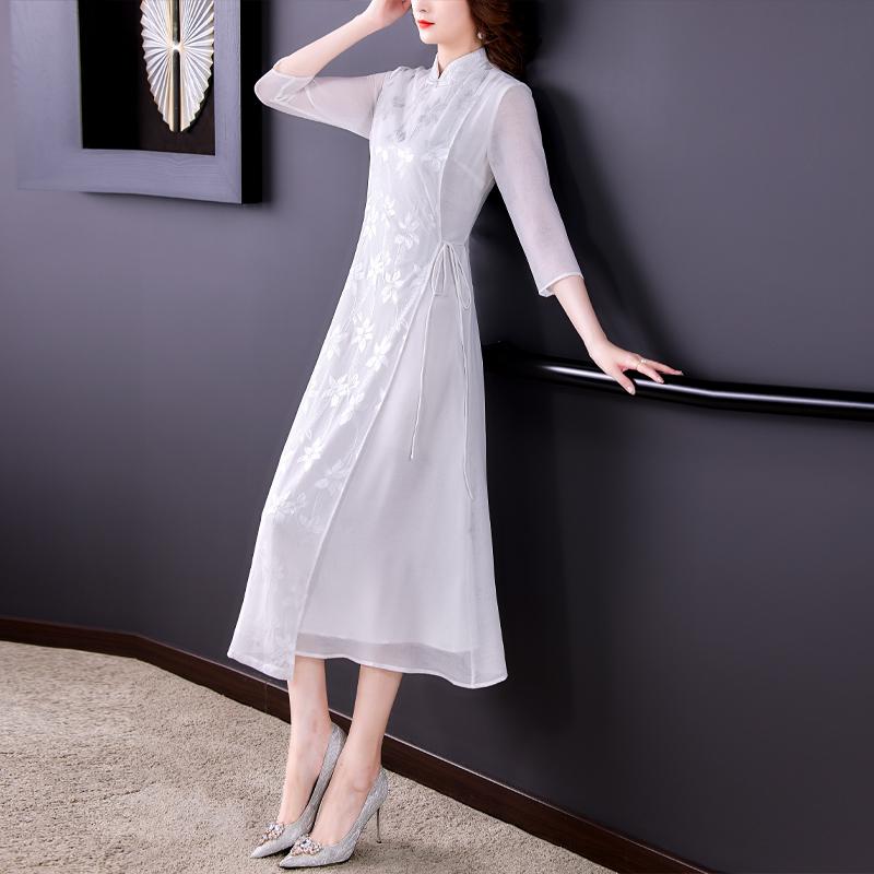 

Casual Dresses COIGARSAM Women Dress Summer 2023 Chinese Style Cheongsam Print Full Sleeve Stand Neck White Vestidos Robe