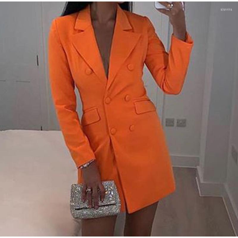 

Women' Suits Orange Chic Mid Length Blazer Women 2023 Spring Autumn Fashion Solid Colors Office Lady Double Breasted Elegant, Black