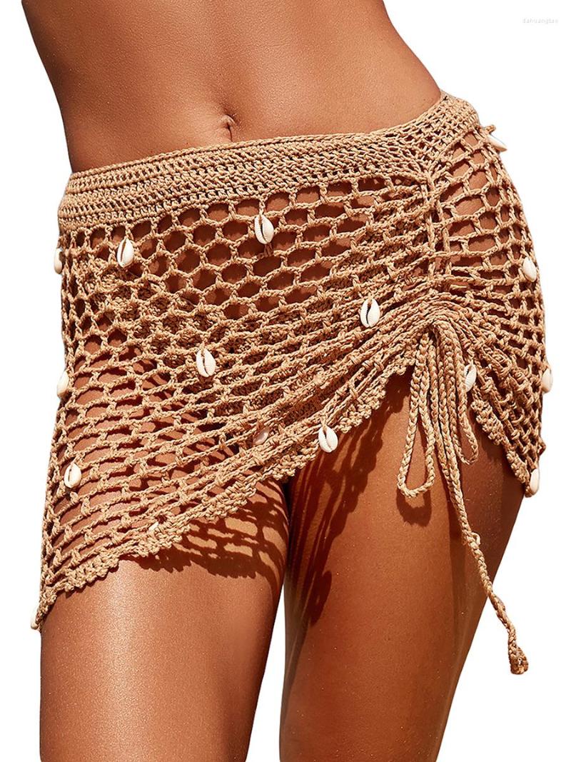 

Women' Swimwear Womens Beach Sarong Skirt Bikini Bottoms Shells Decor Hollow-Out Knitted Drawstring Wrap Holiday Cover-Ups, Khaki 513