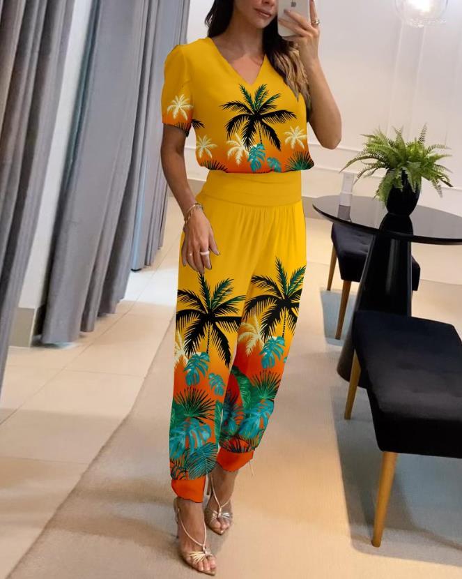 

Women' Two Piece Pants Sets Womens Outifits 2023 Summer Fashion Coconut Tree Tropical Print V-Neck Short Sleeve Top & Cuffed Long Set