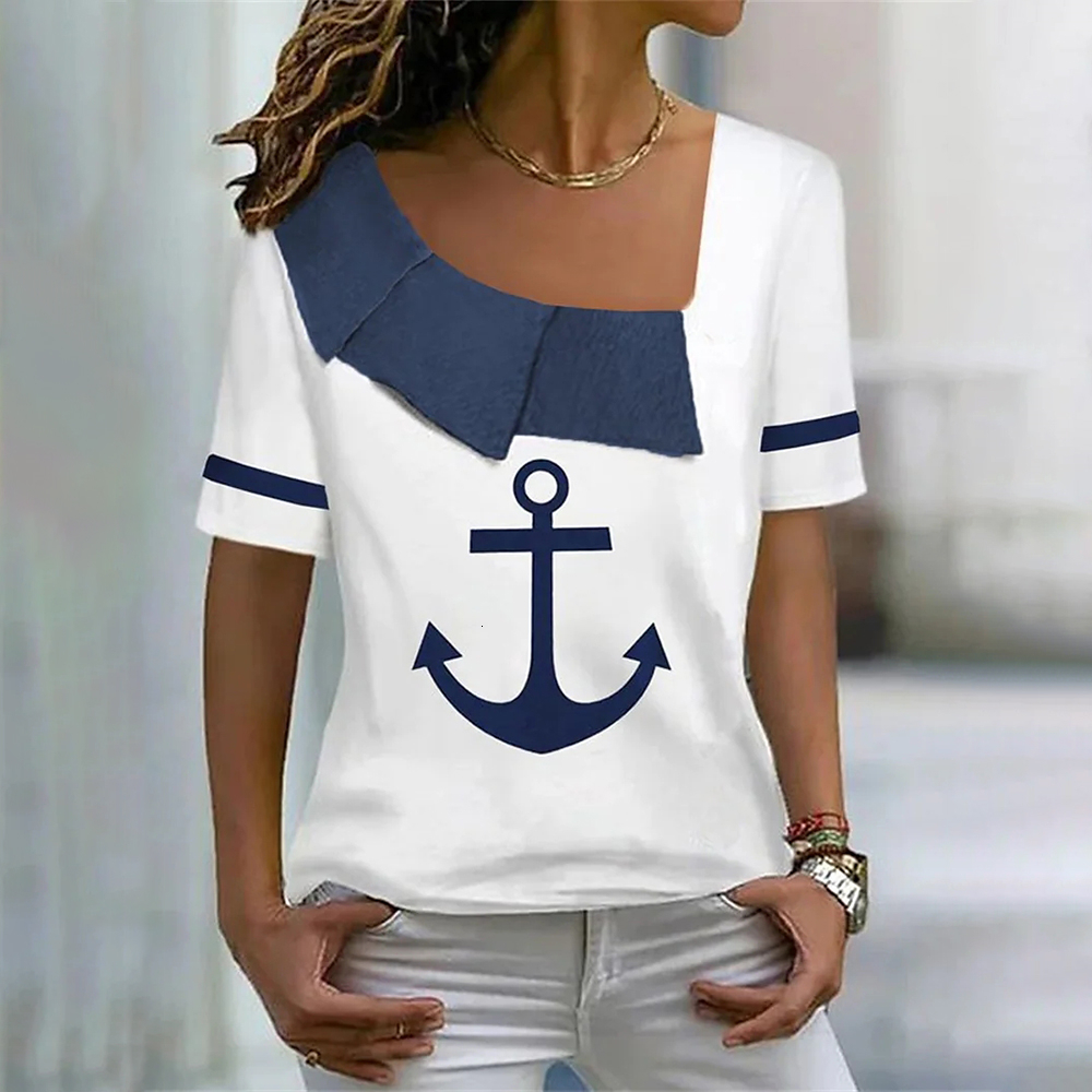 

Women's T-Shirt Summer Women T Shirt Boat Anchor Print Fashion V Neck Short Sleeve Tees Tops Pullover Women's Casual Loose T-shirt Y2k Clothing 230508, R01-sm10485