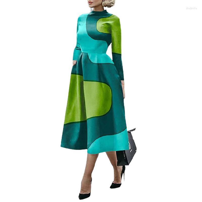 

Casual Dresses Yeezzi Urban Female Fashion Color-Block High-Neck Elegant A-line Dress 2023 Spring Long Sleeves Party Midi For Women, Blue green