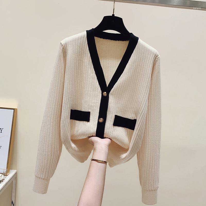 

Women's Knits Black Sweater Cardigan Knitted Long Sleeve Pull Femme Color Contrast V-Neck Women Winter Clothes 2023 Autumn Loose Jersey