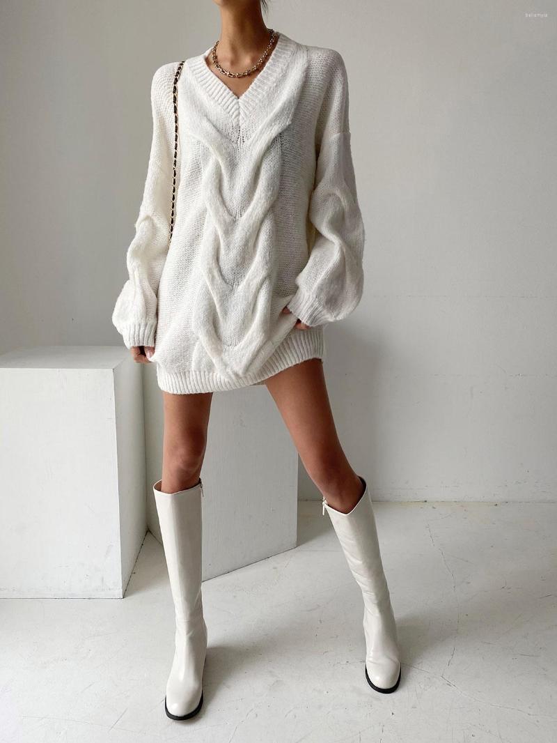 

Casual Dresses 2023 Simplee High Street V-neck Lantern Sleeves Knitted Dress Women Loose Sweater Female Solid Winter Mini, White