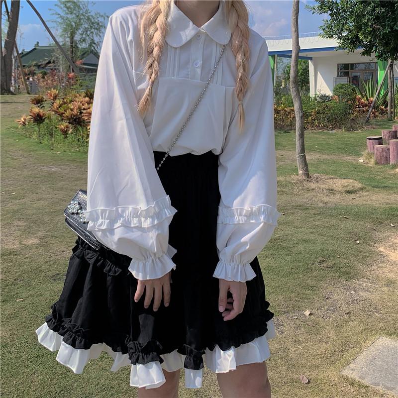 

Women's Blouses & Shirts Japanese Ruched Lolita Women 2023 Mori Girl Sweet Lantern Sleeve Tops Fresh Kawaii White SpringWomen's Women'sWomen, White blouses