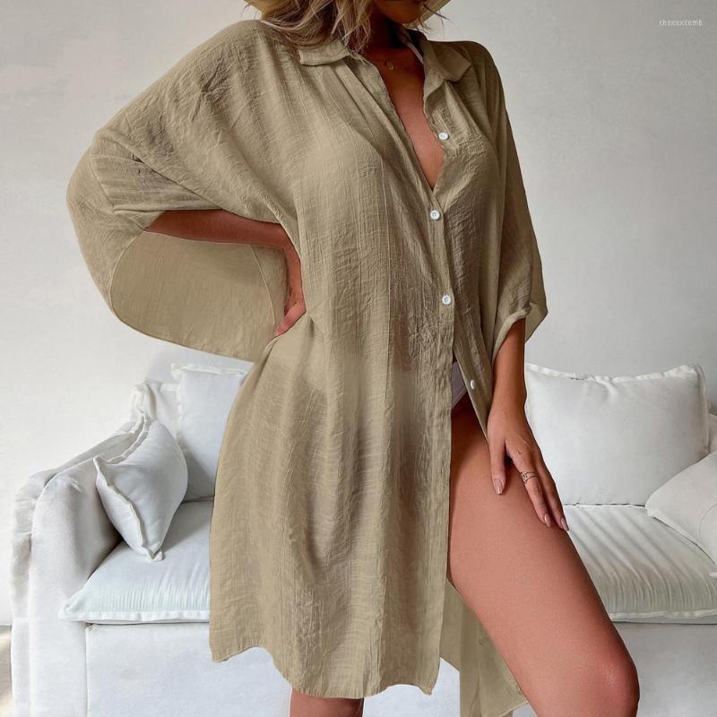 

Women's Swimwear Bikini Cover Up Single Breasted Dolman Sleeves Loose-fitting Turn-down Collar Perspective Beach For Women, Khaki
