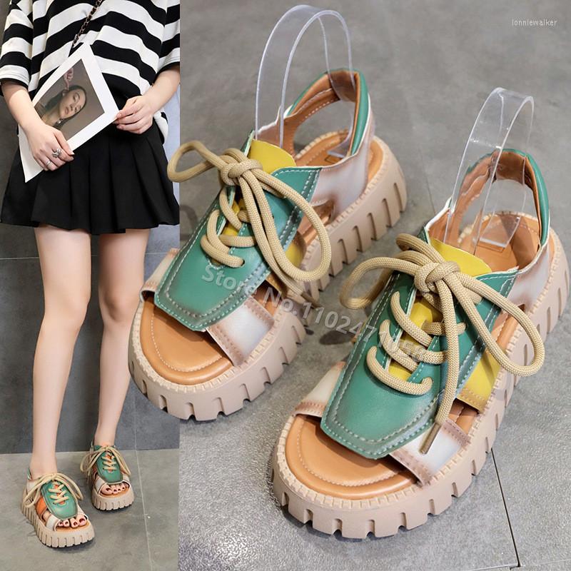 

Sandals Roman Retro Chunky Platform Mixed Color Sport Casual Lace-Up Cool Shoes For Women Summer Beach Hollow Out Gladiator