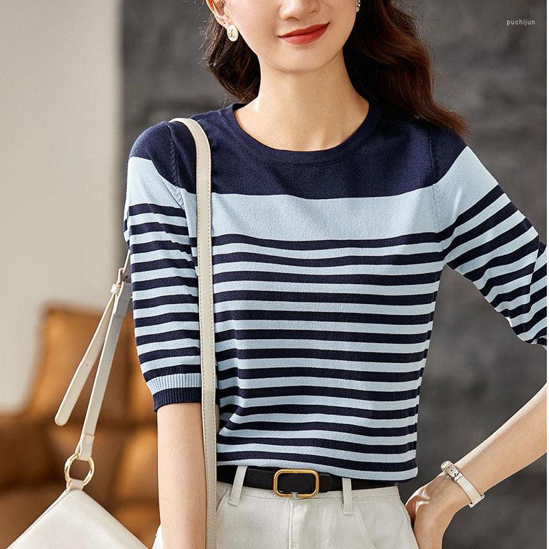 

Women's T Shirts Striped Shirt For Women Korean Fashion Womens Clothing 2023 Short Sleeve T-Shirts Knitted Tops Ladies Summer Casual T-Shirt, Picture color