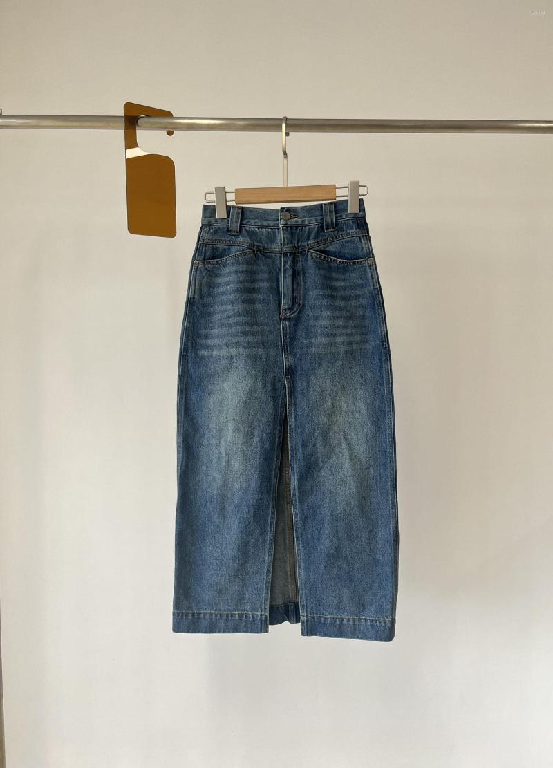 

Skirts Split Design In Front Of The Slit Denim Half Skirt Mid-high Waist Version Is Very Good, Blue
