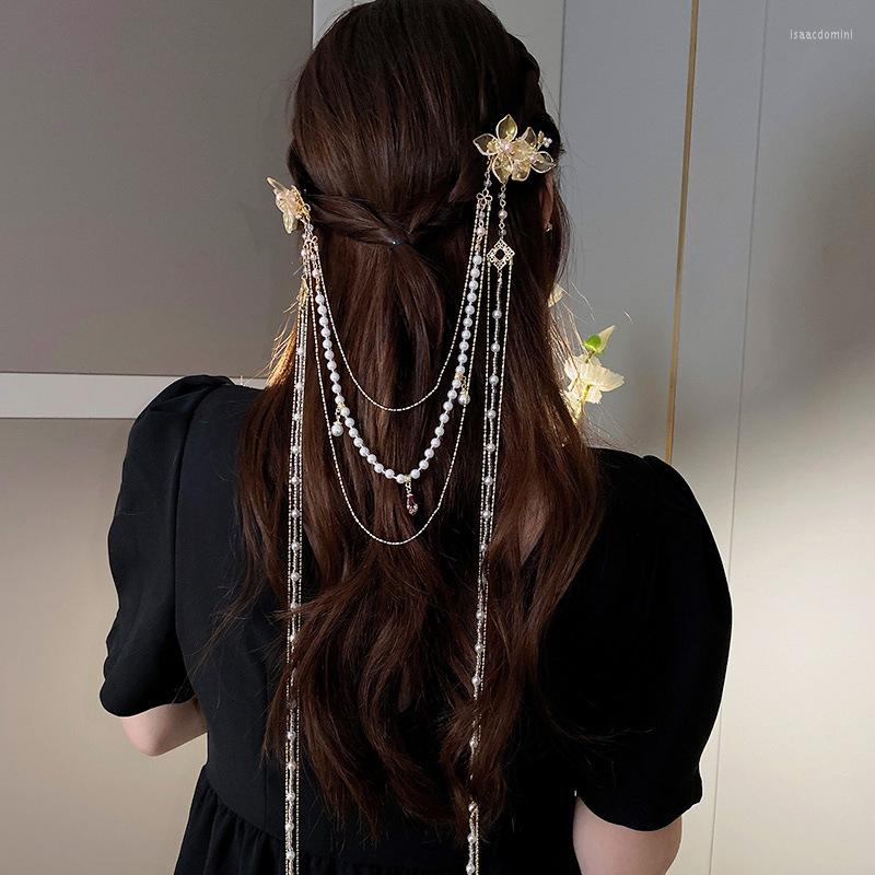

Hair Clips Fashion Peal Rhinestone Flower Long Tassel Hairpin Creative Wedding Clip Accessories