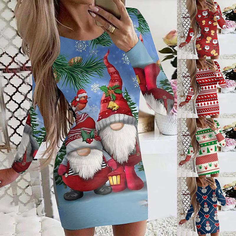 

Casual Dresses 2023 Fashion Parti Dress Christmas Women' Autumn Winter Print Round Neck Sexy Slim Long Sleeve Women SL13, Picture color